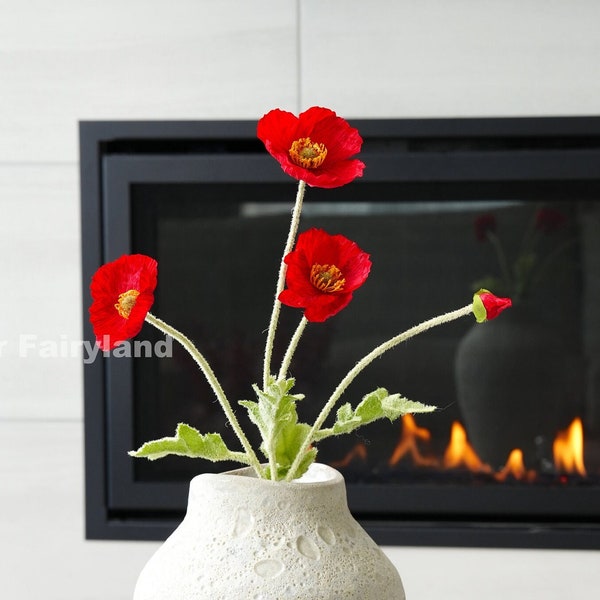 Faux Poppy Bouquet | Poppy Stem | High Quality Artificial Flower | DIY | Centerpieces | Floral | Wedding/Home Decors | Gifts - Red