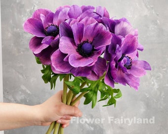 Faux Anemone Coronaria Bouquet | Anemone Coronaria Stem | High Quality Artificial Flower | DIY | Home Decors -Dark Purple -Pale Pinky Purple