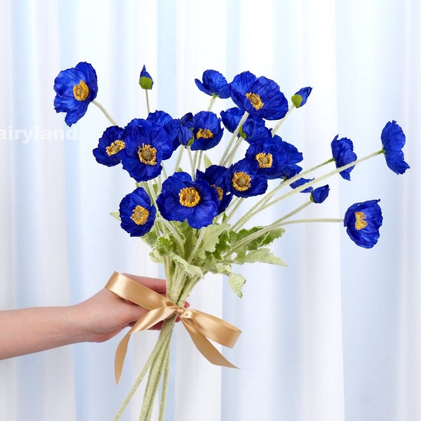 4 Heads Poppy Stem | Poppy Bouquet | High Quality Artificial Flower | DIY | Craft | Floral | Wedding/Home Decoration | Gifts - Royal Blue