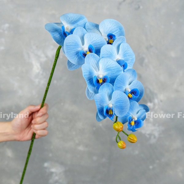 38" Real Touch 9 Heads Orchid Stem | High Quality Artificial Flower | Floral | Centerpiece | Wedding/Home Decoration | Gifts - Blue