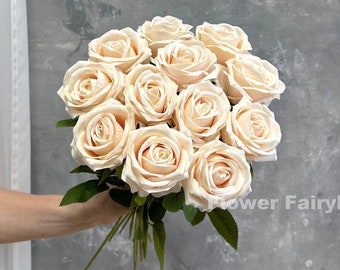 Faux Rose Bouquet | Velvet Rose Stem | High Quality Artificial Flower | DIY | Floral | Wedding/Home Decoration | Gifts - Peachy Cream