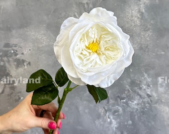 Real Touch Huge Head English Rose Stem - Artificial Flower - White