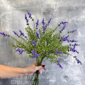 Peut inclure: Un bouquet de fleurs de lavande artificielles avec des fleurs violettes et un feuillage vert. Les tiges sont tenues dans une main, avec le texte "Flower Fairyland Chicago" visible. Le fond est gris texturé.