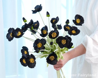 Faux 4 Heads Poppy Stem - Artificial Flower - Black