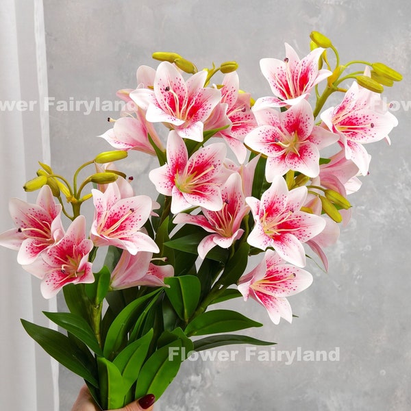 Stargazer Lily Bouquet | 5 Heads Stargazer Lily Stem | High Quality Artificial Flower | DIY | Wedding | Home Decors | Gifts -Pink -White