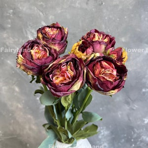 32&quot; 8 Stems Dried Look Peony and Rose Bouquet - Artificial Flower - Burgundy