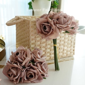 Realistic 5 Stems Real Touch Moist Latex Rose Bouquet | High Quality Artificial Flower | Wedding/Home Decoration | Gifts - Mocha