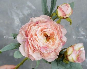 Énorme pivoine à l'aspect séché avec tige à 2 boutons | Fleur artificielle de haute qualité | Centres de table | Bricolage | Décoration de mariage/maison | Cadeaux - Rose clair