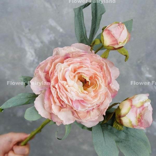 Dried Look Huge Peony with 2 Buds Stem | High Quality Artificial Flower | Centerpieces | DIY | Wedding/Home Decoration | Gifts - Light Pink