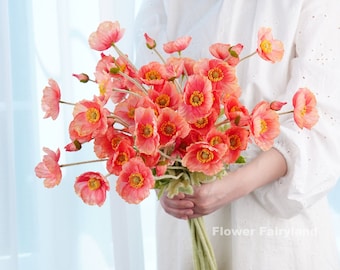 Faux 4 Heads Poppy Stem - Artificial Flower - Reddish Salmon