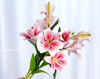 Lily Bouquet | 3 Heads Lily Stem | Artificial Flower | DIY | Floral | Wedding | Home Decor | Gifts - Pink Dots