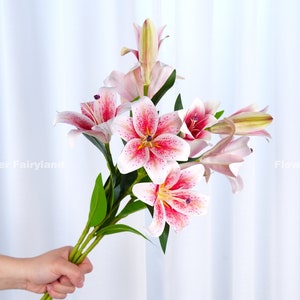 Lily Bouquet | 3 Heads Lily Stem | Artificial Flower | DIY | Floral | Wedding | Home Decor | Gifts - Pink Dots