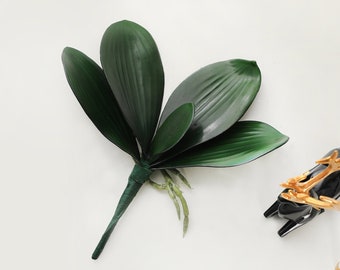5 Leaves Orchid Leaf with Roots - Artificial Plant - Dark Green