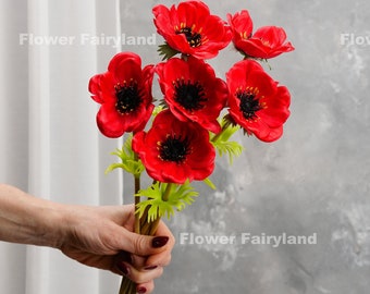 Real Touch Poppy Anemone Bouquet | Poppy Anemone Stem | Artificial Flower | DIY | Wedding/Home Decoration | Gifts -Red -Yellow