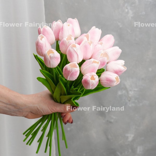Bouquet de tulipes « Real Touch » | Fleur artificielle de haute qualité | Bricolage | Décoration de mariage/maison | Cadeaux - Rose laiteux