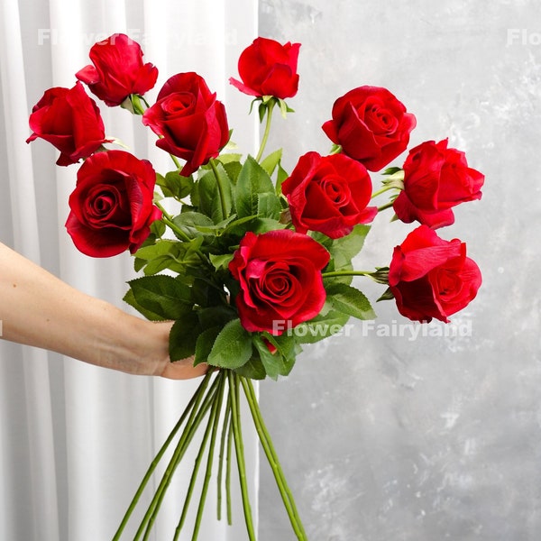 Real Touch Half Opened Rose Stem | High Quality Artificial Flower | DIY Floral | Wedding/Home Decoration | Gifts - Red