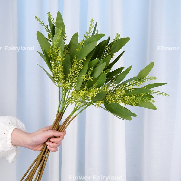 Lot de 4 - Tige d'eucalyptus avec graines de saule Real Touch | Plante artificielle de haute qualité | Verdure | Décoration de mariage/maison | Cadeaux (Ensemble de 4)