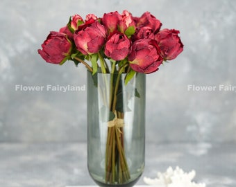 9 Stems Dried Look Peony Bouquet | Artificial Flower | Centerpieces | DIY | Floral | Wedding/Home Decoration | Gifts  - Red