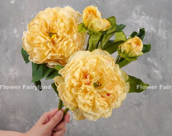 Dried Look Huge Peony with Bud Stem | High Quality Artificial Flower | Centerpieces | DIY Floral | Wedding/Home Decoration | Gifts - Yellow