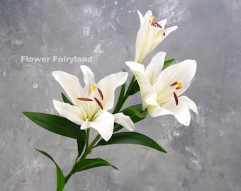 3 Huge Heads Lily Branch | High Quality Artificial Flower | DIY Floral | Wedding/Home Decoration | Gifts - White