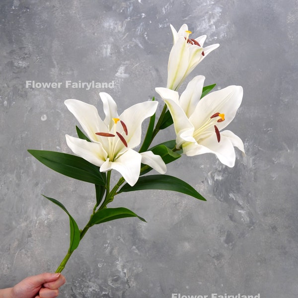 3 Huge Heads Lily Branch | High Quality Artificial Flower | DIY Floral | Wedding/Home Decoration | Gifts - White