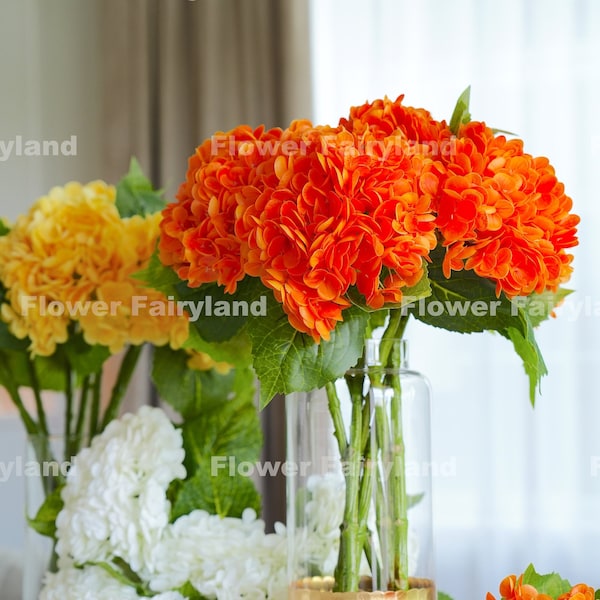 Real Touch Huge Hydrangea Stem | Extremely Realistic Artificial Flower | Centerpiece | Floral | Wedding/Home Decoration | Gifts - Orange