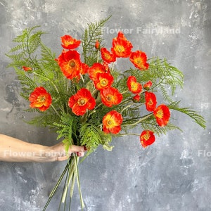 Faux Poppy and Asparagus Fern Bouquet | High Quality Artificial Plant | DIY | Floral | Wedding/Home Decors | Gifts - Bright Coral Red