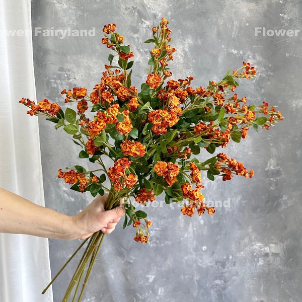 Faux Miniature Rose Bouquet | Miniature Rose Long Stem | Artificial Flower | DIY | Floral | Wedding/Home Decoration | Gifts - Dark Orange