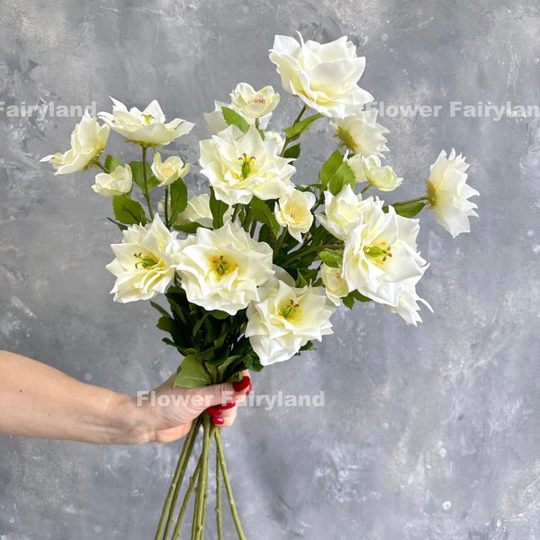 Faux Helleborus Bouquet | 3 Heads Hellebores Stem | Artificial Flower | DIY | Floral | Wedding/Home Decors | Gifts - Milky White