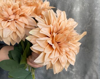 7 Large Heads Faux Dahlia Bouquet | Artificial Flowers | DIY Floral | Wedding/Occasion/Home Decoration | Gifts - Warm Beige