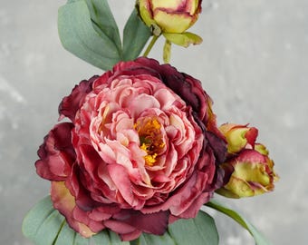 Dried Look Huge Peony with 2 Buds Stem - Artificial Flower - Burgundy