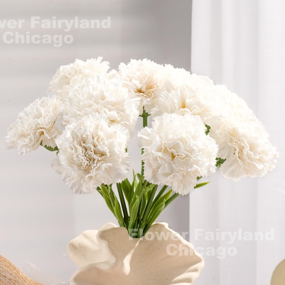 Faux Carnation Stem - Artificial Flower - Bright White
