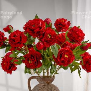 30" 3-Head Faux Peony Spray Long Stem - Artificial Flower - Red