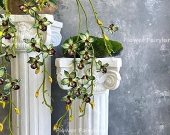 Puede incluir: Dos columnas blancas con flores de orquídea verde y púrpura colgando de ellas. Las orquídeas caen en cascada por las columnas y el fondo es una pared gris texturizada.