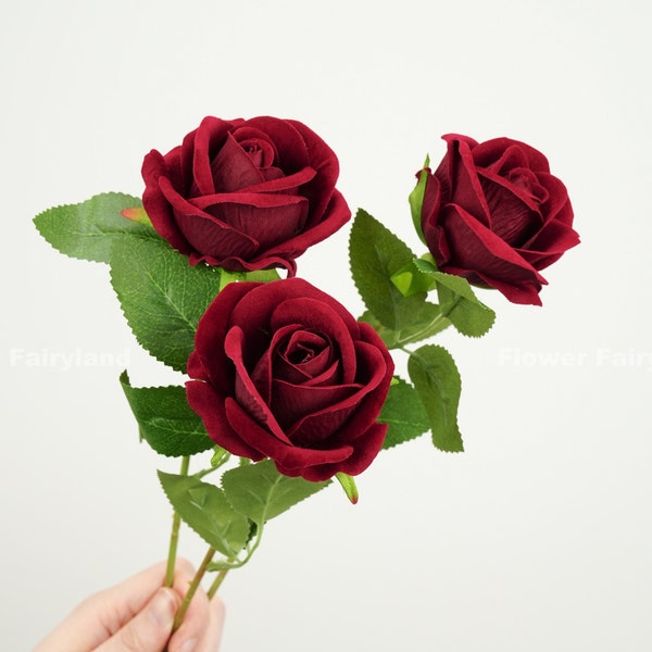 Velvet Rose Stem | Artificial Flower | DIY | Floral | Crafts | Wedding/Home Decoration | Gifts - Wine Red