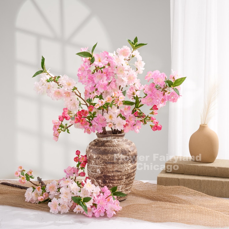 Faux Cherry Blossom Short Branch - Artificial Flower - Bright Pink Mixed Color Bouquet