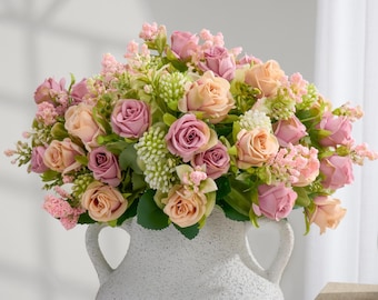 Ramo pequeño de rosas y sedum artificiales - Flores artificiales - Malva y melocotón