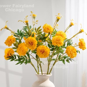 30&quot; Faux Marigold Tagetes Erecta Stem 2 Blooms and a Bud - Artificial Flower - Light Orange