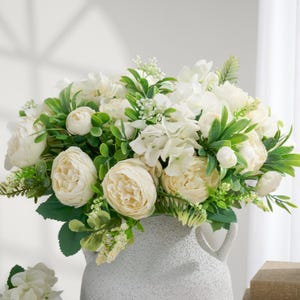 Faux Peony Hydrangea and Greenery Small Bouquet - Artificial Flower - White
