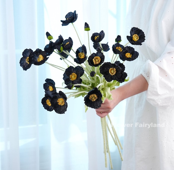 Faux 4 Köpfe Mohn Stengel - Kunstblumen - Schwarz