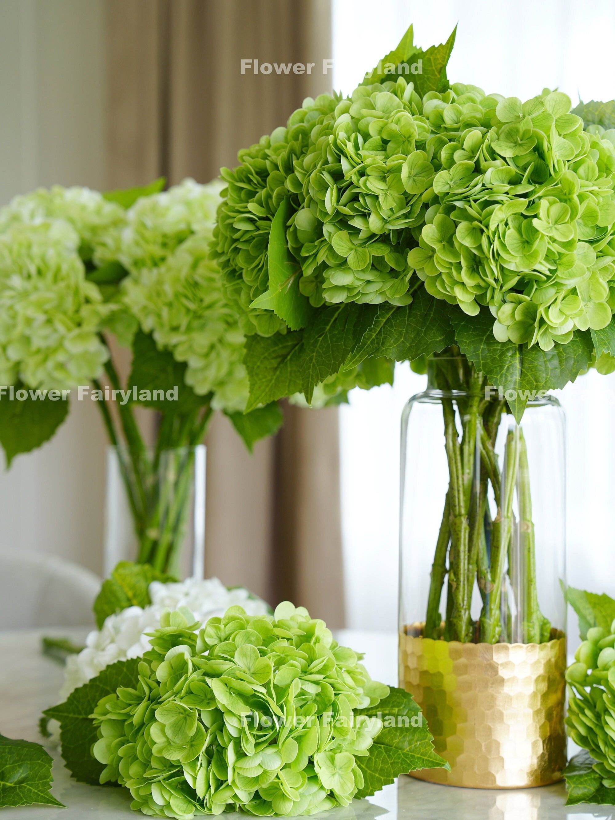 Larksilk Set of 10 Green Hydrangea Heads, 7 Diameter, Silk, Detachable Stems, Wedding Decor, Event Decor, Home Decor, DIY Projects Certified