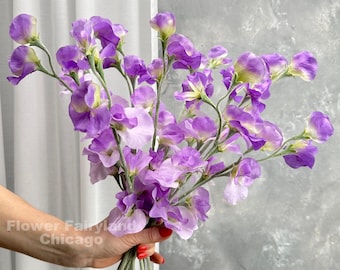May include: A bouquet of purple and lavender sweet pea flowers. The flowers have delicate petals with yellow accents. The stems are green and held in a hand. The text "Flower Fairyland Chicago" is visible.