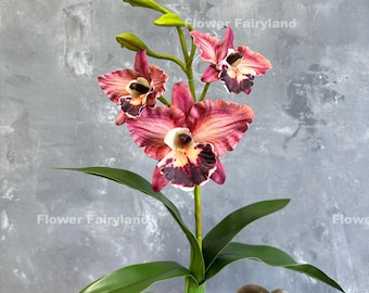 Faux 3 Heads Cattleya Orchid with Leaves and Roots - Artificial Flower - Light Coral Burgundy
