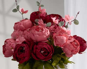 8 Heads Peony and Hydrangea Bouquet - Artificial Flower - Antique Pink and Burgundy
