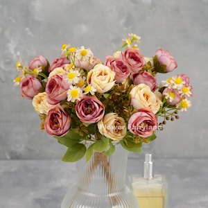 Small Rose and Chamomile Bouquet | Artificial Flower | Wedding/Home Decoration | Gifts - Pink