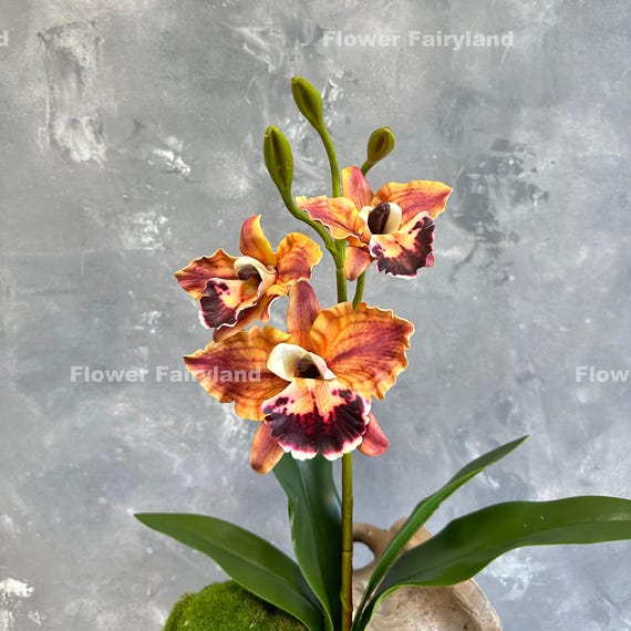 Faux 3 Heads Cattleya Orchid with Leaves and Roots - Artificial Flower - Dark Reddish Orange