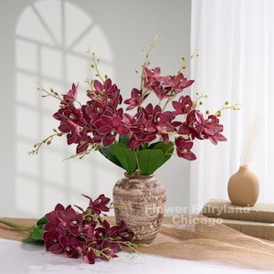 Faux Cymbidium Hybrid Orchid Bundle Bouquet - Artificial Flower - Burgundy