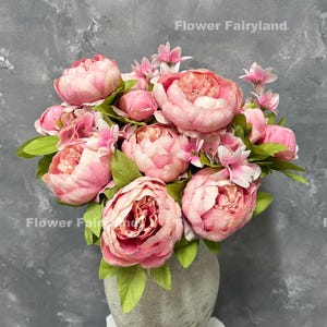 8 Köpfe Pfingstrose und Hortensie Bouquet | Kunstblume | Basteln | Mittelstücke | Brautstrauß | Wohndekors | Geschenke - Hellrosa