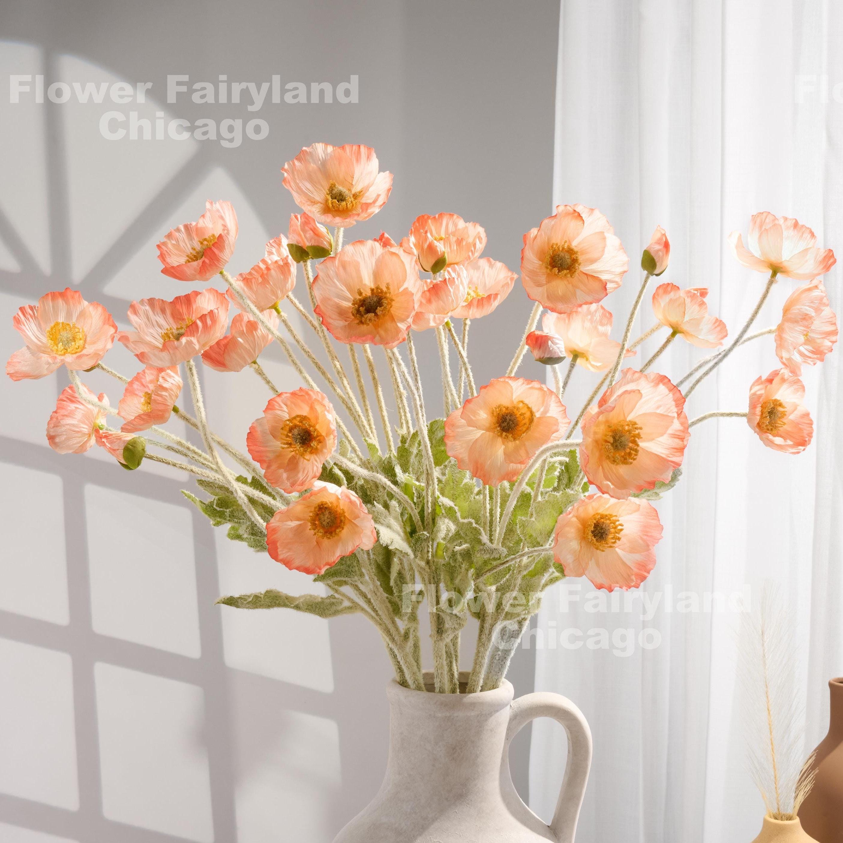 Faux 4 Heads Poppy Stem - Artificial Flower - Salmon Edge