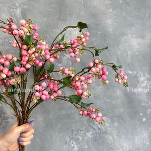 May include: A bouquet of pink berry sprigs with green leaves. The berries are clustered together on the branches.